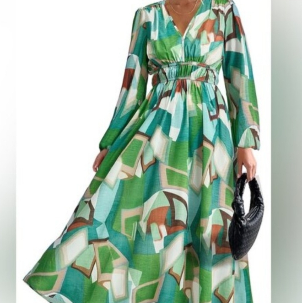 PrettyGarden Abstract Green and Blue Women's Dress